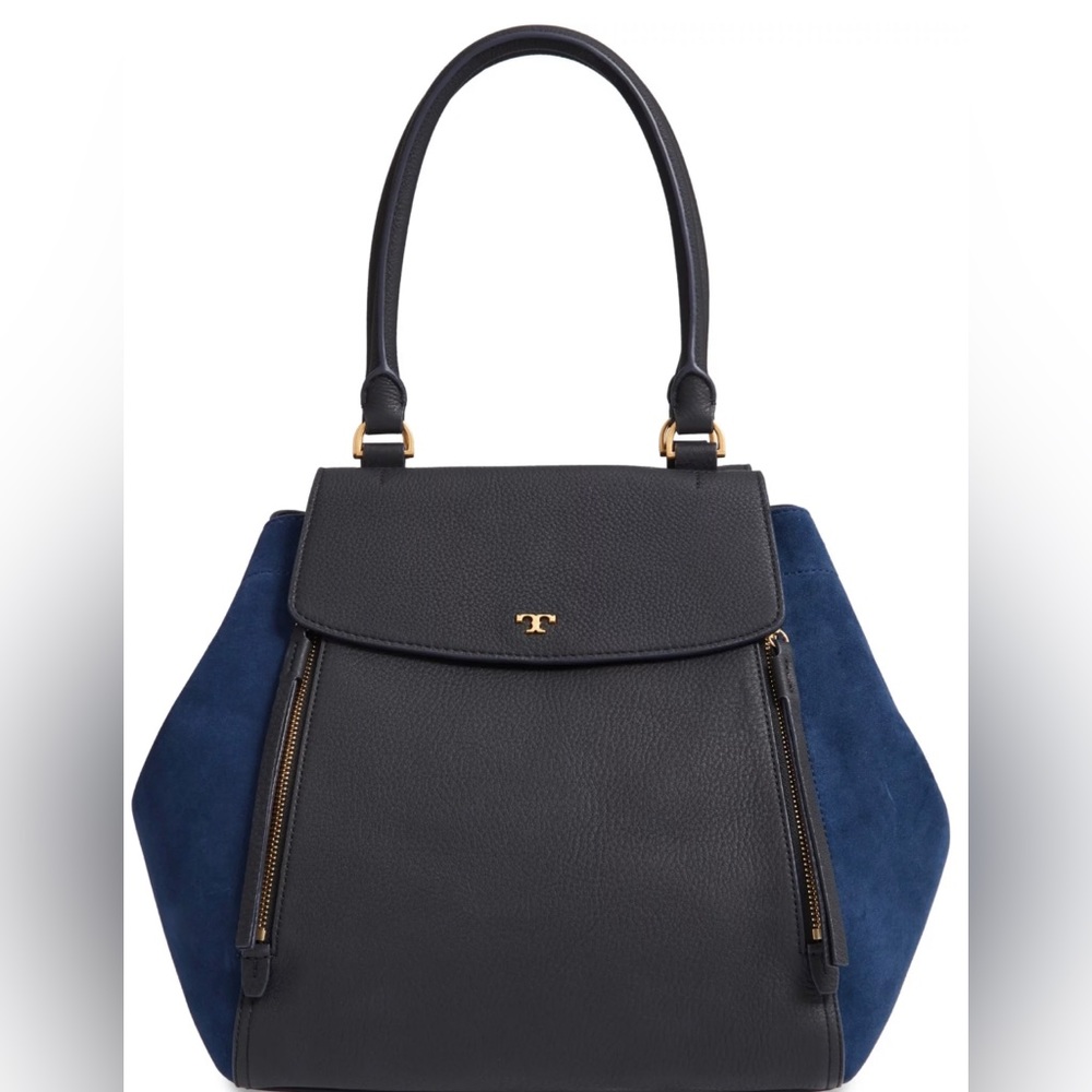 NWT Auth Tory Burch Large Leather Half Moon Satchel/Shoulder Bag Black Navy
